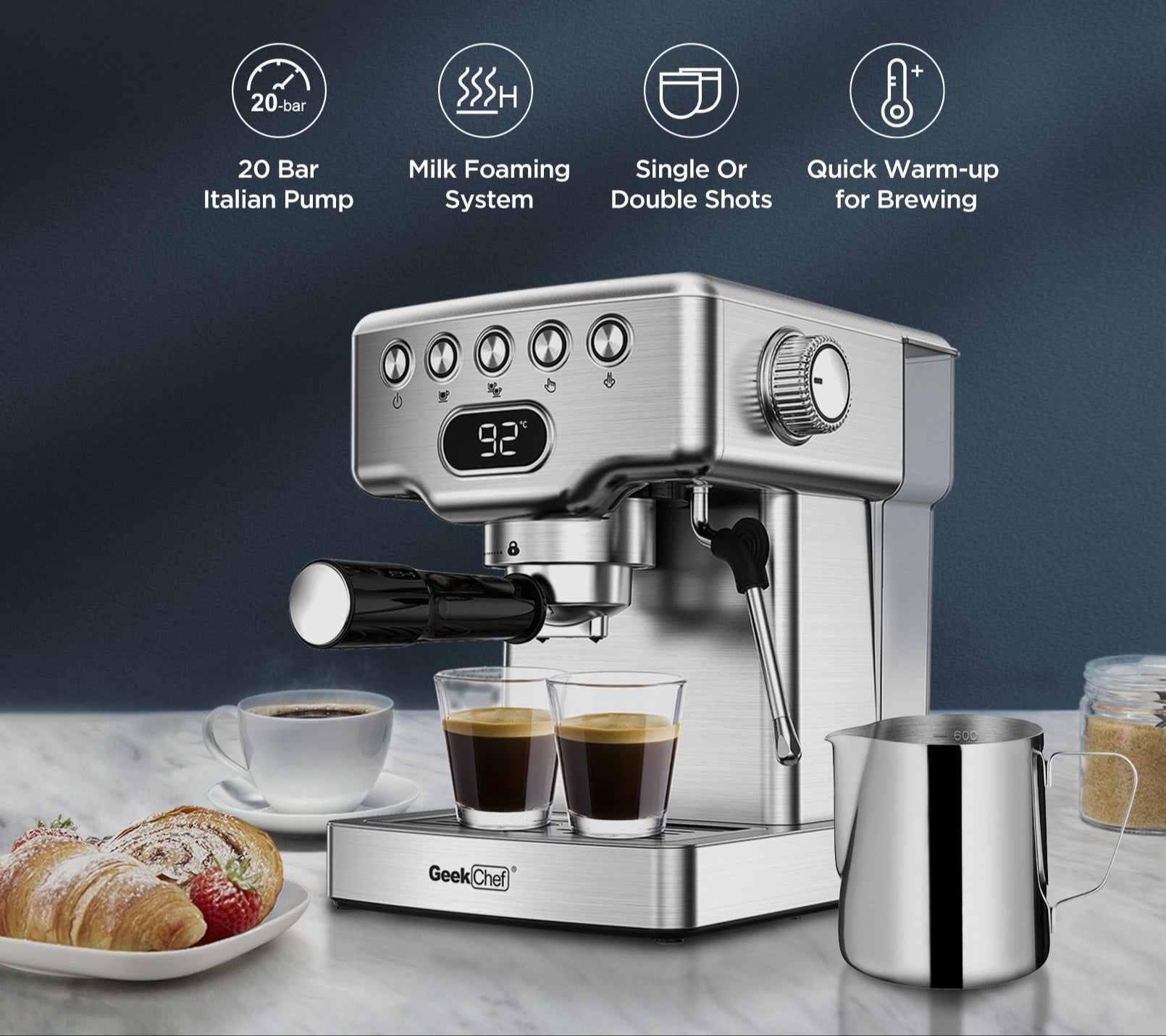Geek Chef Espresso Machine, 20 Bar Espresso Machine With Milk Frother