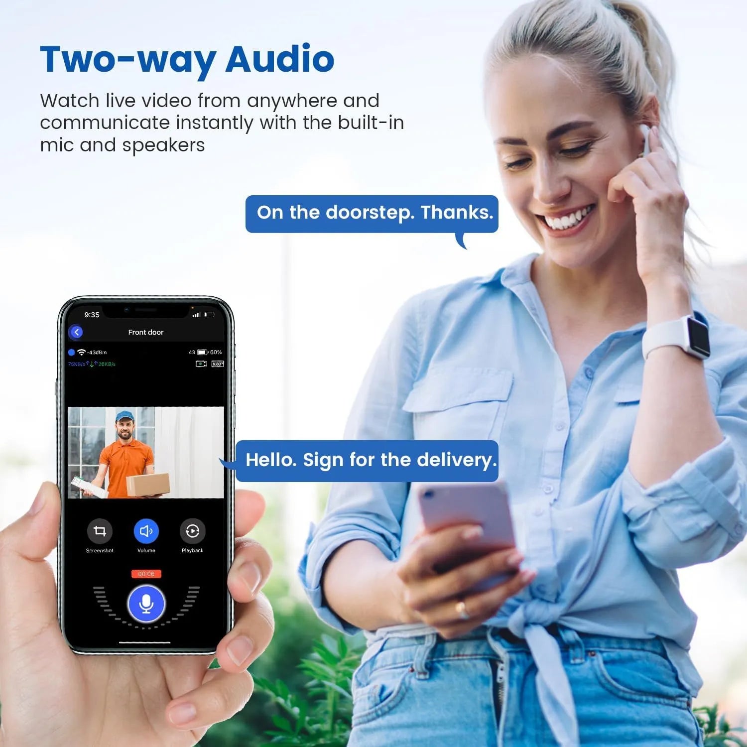 1080p Wireless Video Doorbell Camera with Chime – AI Human Detection, 2-Way Audio, Night Vision